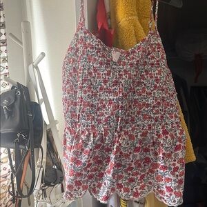 Floral Red and White Smocked Tank Top